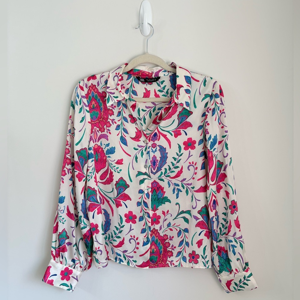 ZARA Satin Spring Floral Button Down Blouse Womens L Business Casual Chic - Picture 2 of 5